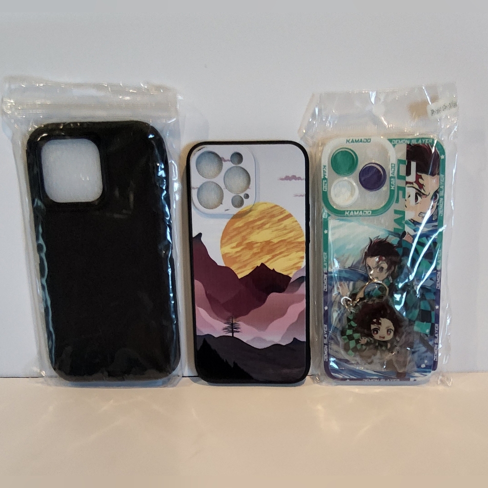 3 pack iPhone 14 Pro protective‎ painted case  (anime,black, and sunset)